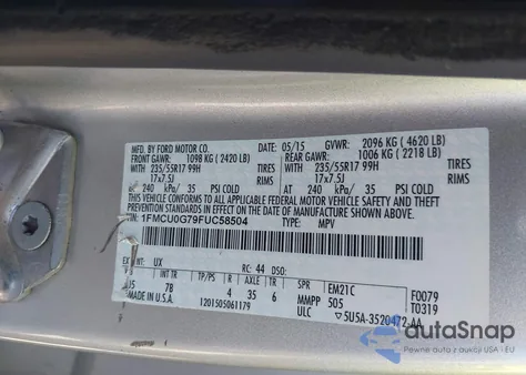 2015 Ford Escape Se из США, поврежденный, VIN 1FMCU0G79FUC58504